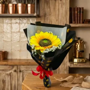 Vibrant Artificial Sunflower Bouquet in Polka Dot Black Wrap (45cm)