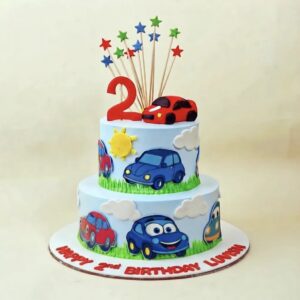 2-Tier Eggless Cartoon Cars Theme Birthday Cake