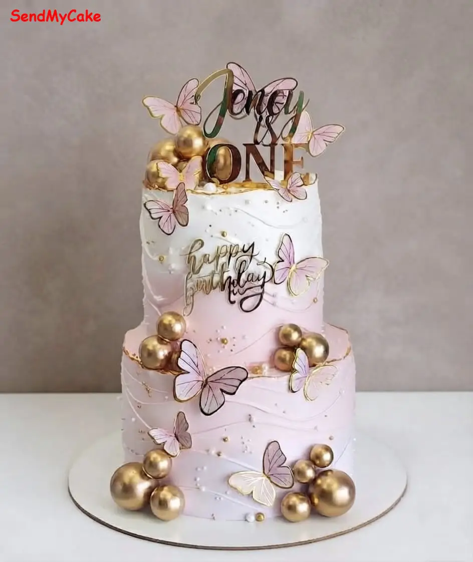 Elegant Pink Ombre Butterfly 2-Tier Cake (100% Eggless)