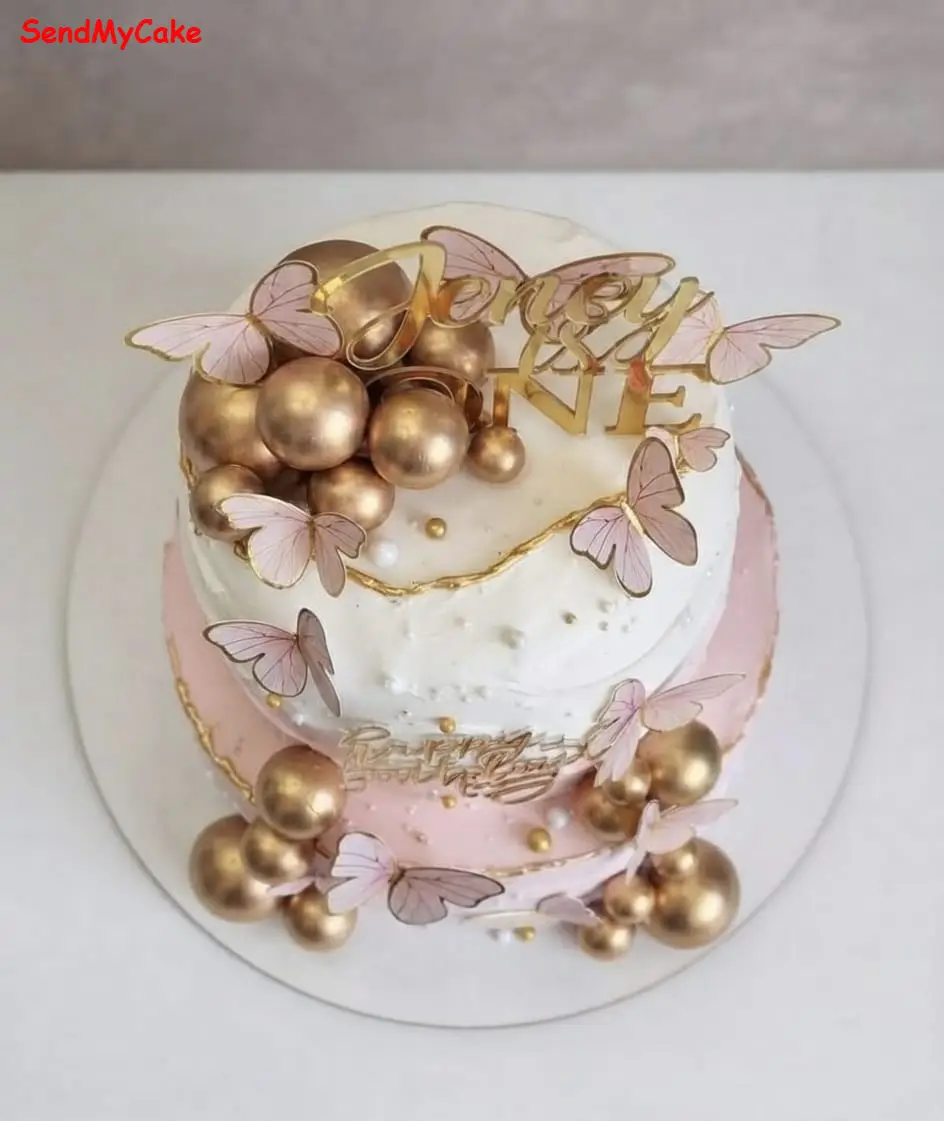 Elegant Pink Ombre Butterfly 2-Tier Cake (100% Eggless) - Image 2