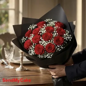 Charming 12 Red Roses Bouquet with Rich Gypsy Fillers