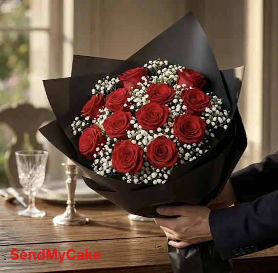 Charming 12 Red Roses Bouquet with Rich Gypsy Fillers
