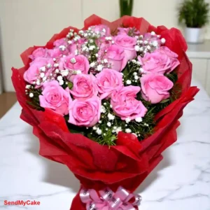 Elegant 15 Pink Roses Bouquet with Baby's Breath