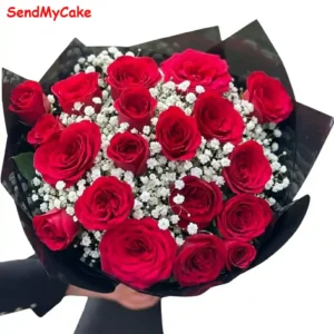 Red Rose Bouquet 18 Roses And Gypsy Fresh Flower